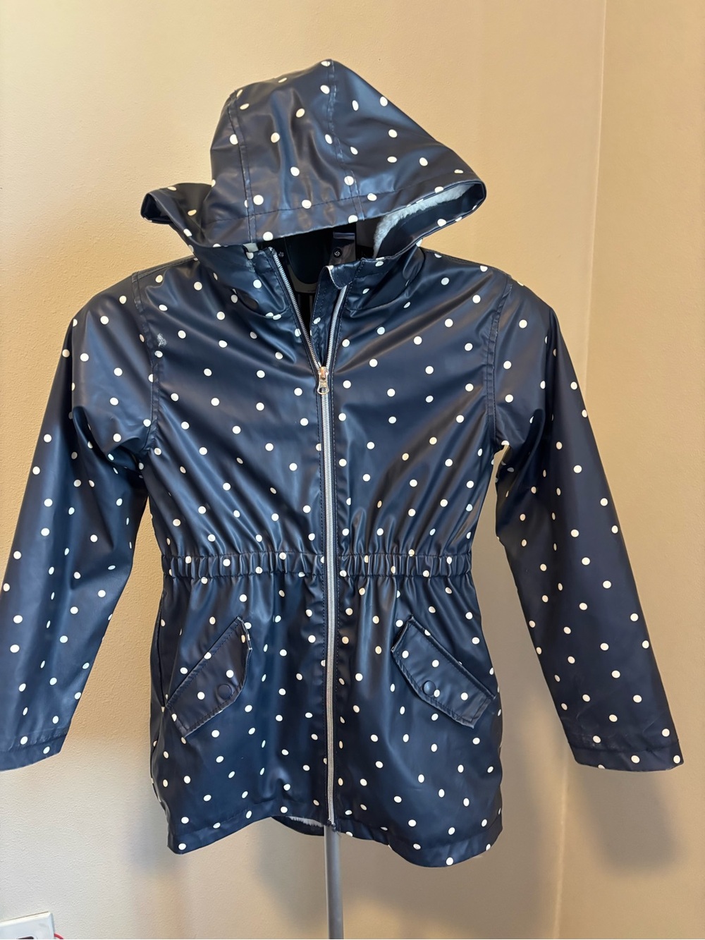 C&C California Navy and White Polka Dot Hooded Raincoat